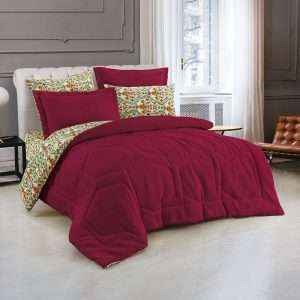 Velvet Textured Sherpa Reversible Comforter Dabble 6-Pieces Set, Burgundy Red