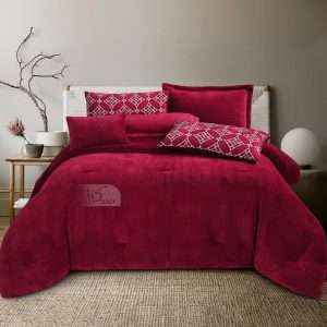 طقم لحاف شتوي مخمل وفرو مفرد/ مفـرد ونص 4قطع، أحمر