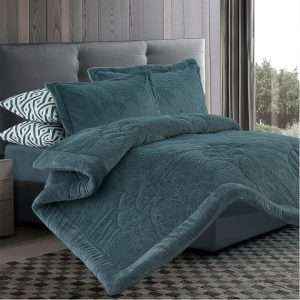 طقم لحاف شتوي فرو محفر مفرد/مفرد ونص 4 قطع، أزرق