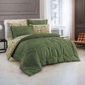 Velvet Textured Sherpa Reversible Comforter Dabble 6-Pieces Set, Olive Green