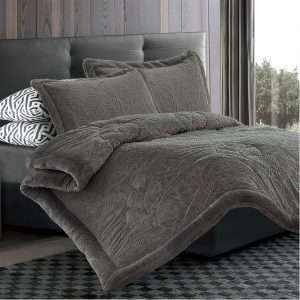 طقم لحاف شتوي فرو محفر مفرد/مفرد ونص 4 قطع، رمادي