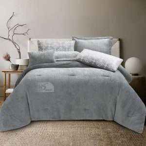 طقم لحاف شتوي مخمل وفرو مفرد/ مفـرد ونص 4قطع، رمادي