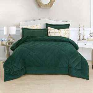 طقم لحاف شتوي بوجهين مخمل وفرو مفرد/مفردونص 4 قطع، أخضر