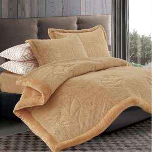 طقم لحاف شتوي فرو محفر مفرد/مفرد ونص 4 قطع، كراميل