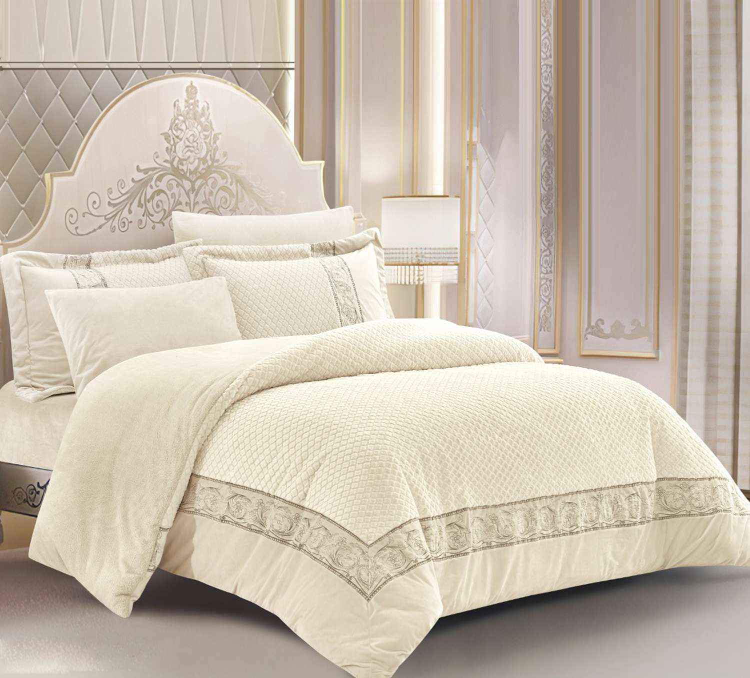 Super Soft Fuzzy Fur Elegant Rectangular Embossed Comforter Set, Creamy White