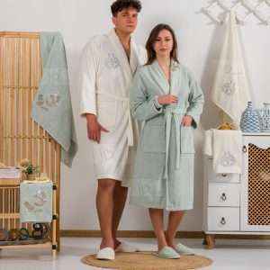 طقم أرواب حمام للعرسان قطن تركي بالتطريز 12 قطعة, أبيض وأخضر