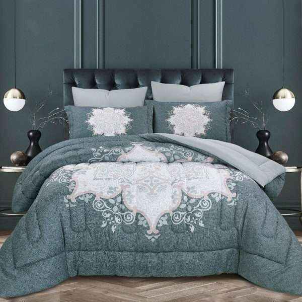 Duvet Cover Textured Floral Print Dabble 6-Pieces Set, Dusty Green