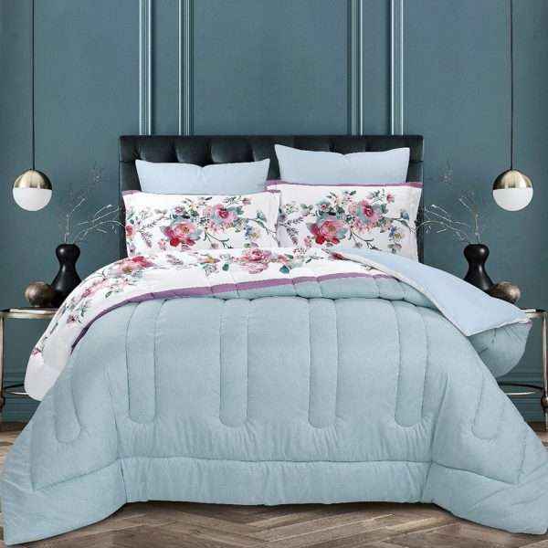 Duvet Cover Textured Floral Print Dabble 6-Pieces Set, Mint Pastel Green