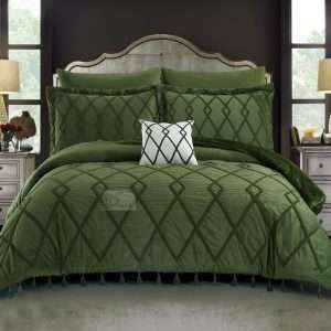Velvet And Fur Winter Embroidered King 7pcs Set, Olive Green