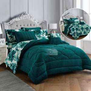 Fur Reversible Winter King Size Comforter 7 PCS Set, Green