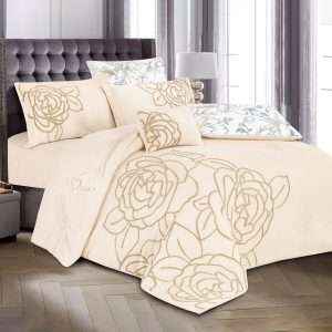 Velvet And Fur Winter Embroidered Double Comforter 7 PCS Set, Creamy