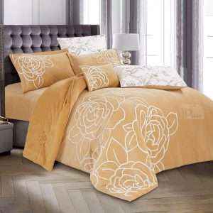 Velvet And Fur Winter Embroidered Double Comforter 7 PCS Set, Caramel
