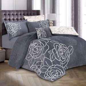 Velvet And Fur Winter Embroidered Double Comforter 7 PCS Set, Gray