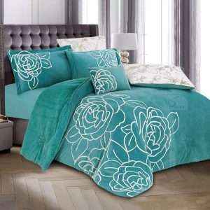 Velvet And Fur Winter Embroidered Double Comforter 7 PCS Set, Turquoise