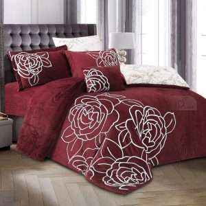 Velvet And Fur Winter Embroidered Double Comforter 7 PCS Set, Burgundy