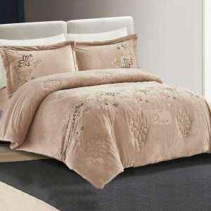 Velvet And Fur Winter Embroidered Double Comforter 6 PCS Set, Beige