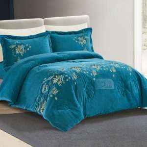 Velvet And Fur Winter Embroidered Double Comforter 6 PCS Set, Blue
