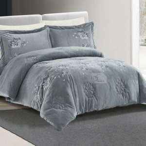 Velvet And Fur Winter Embroidered Double Comforter 6 PCS Set, Gray