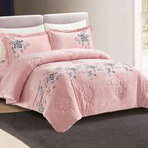 Velvet And Fur Winter Embroidered Double Comforter 6 PCS Set, Pink