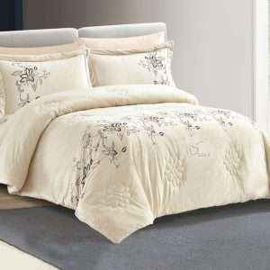 Velvet And Fur Winter Embroidered Double Comforter 6 PCS Set, Creamy
