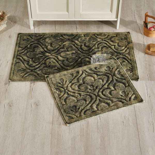 ipekce-Rectangle 100% Cotton Retro 2 piece Bath Rug Set olive