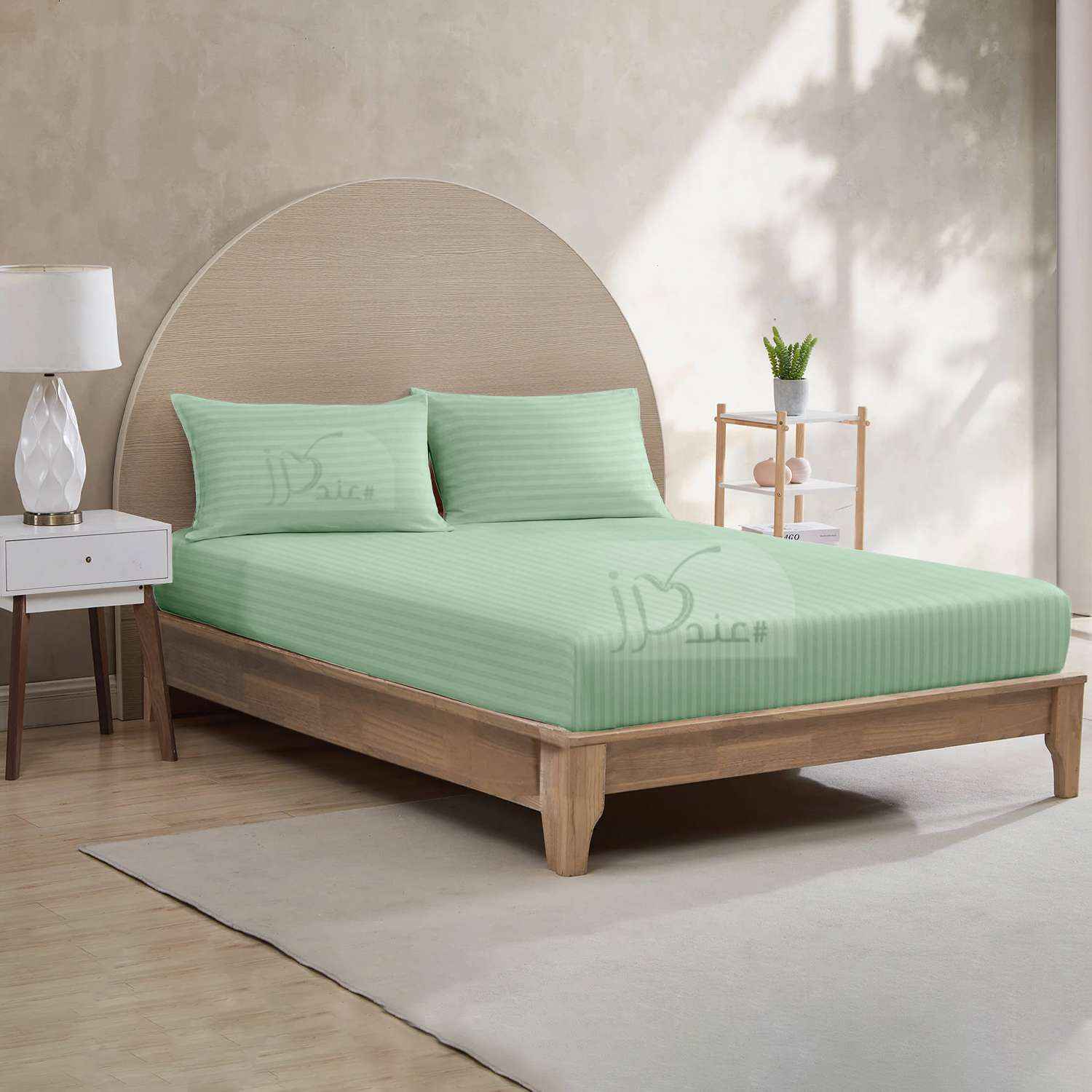 طقم شرشف سرير مطاط مخطط أخضر