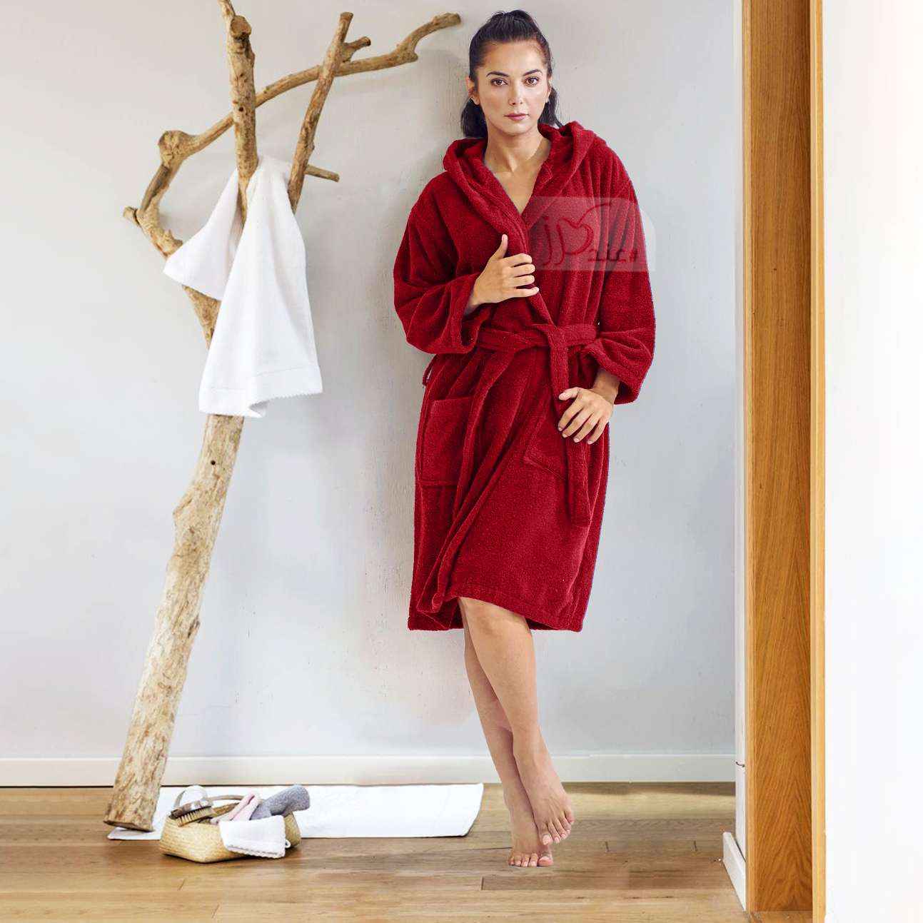 Hooded Unisex Bathrobe 100 Egyptian Cotton Burgundy Karaz