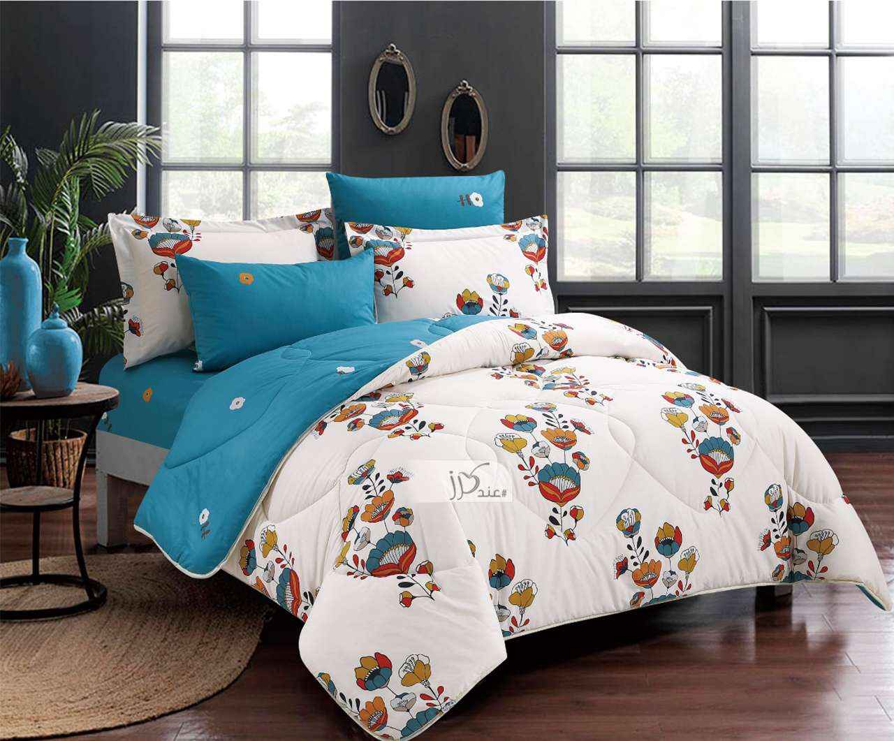 طقم لحاف 100% قطن مورد بوجهين، 7 قطع