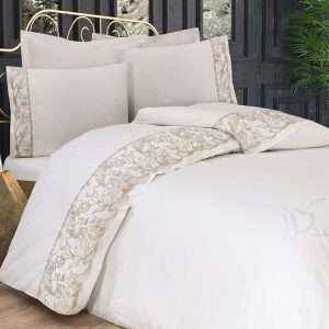 طقم لحاف مطرز بالدانتيل قطن %100 مجوز،7 قطع- اوف وايت