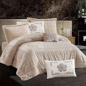 Luxury Fur Winter Comforter King Size 7 PCS Set, Dusty Beige