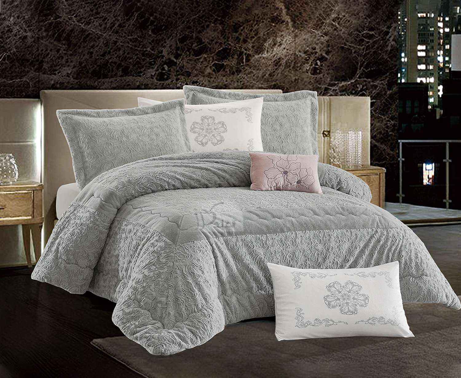 طقم لحاف شتوي فرو محفر مجوز 7 قطع، رمادي