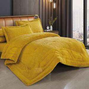 طقم لحاف شتوي فرو محفر مجوز 6 قطع، أصفر خردلي