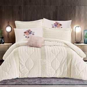 طقم لحاف شتوي فرو محفر مجوز 7 قطع، كريمي