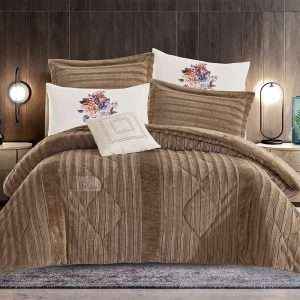 طقم لحاف شتوي فرو محفر مجوز 7 قطع، بُني