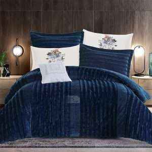 طقم لحاف شتوي فرو محفر مجوز 7 قطع، كُحلي