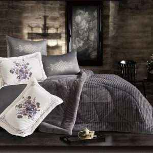 طقم لحاف شتوي مخمل وفرو مجوز 6 قطع، رمادي