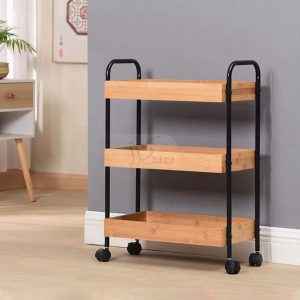 Bamboo Serving Cart, 3 Tiers, 360° Rotating Wheels, Handles, Steel Frame