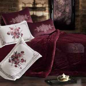 Velvet And Fur Winter Comforter King Size 6pcs Set, Burgundy