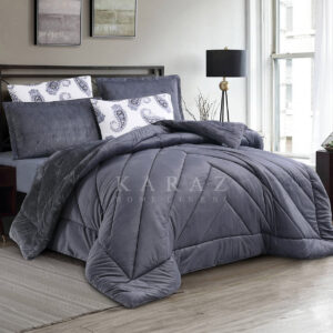 طقم لحاف شتوي مخمل وفرو مفرد ونص 6 قطع، رمادي غامق