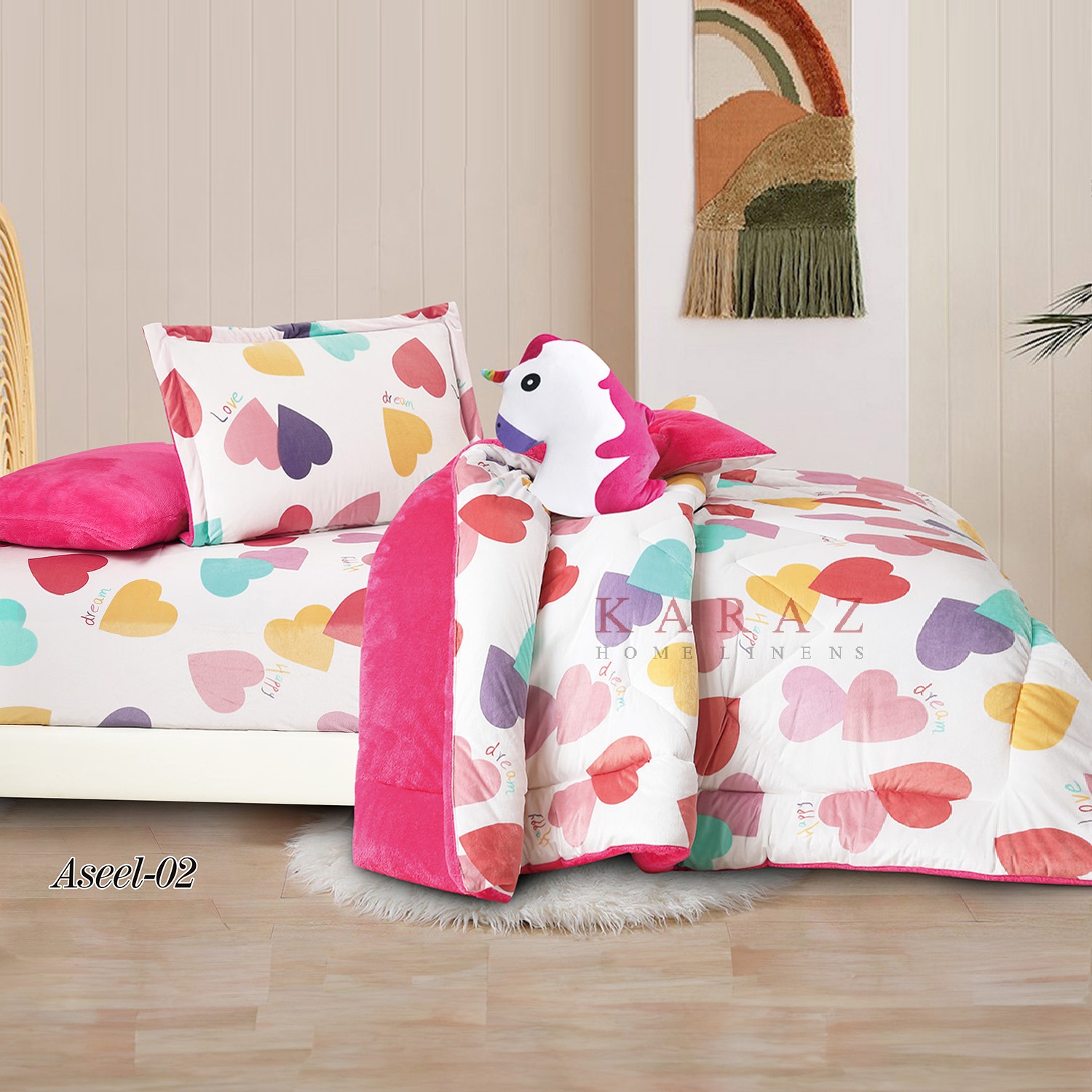 طقم لحاف مفرد شتوي مخمل بوجهين 5 قطع، فوشي - الصورة 2