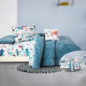 طقم لحاف مفرد شتوي مخمل بوجهين 5 قطع، أزرق