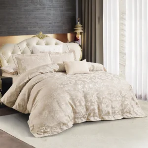 Luxury jacquard comforter set king size light beige 7 pieces with elegant modern bedroom design