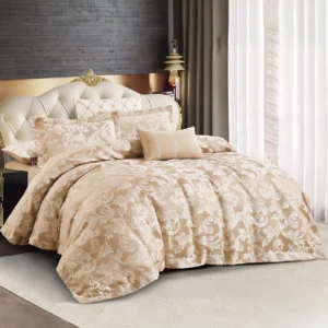 Luxury jacquard comforter set king size beige 7 pieces with elegant modern bedroom design