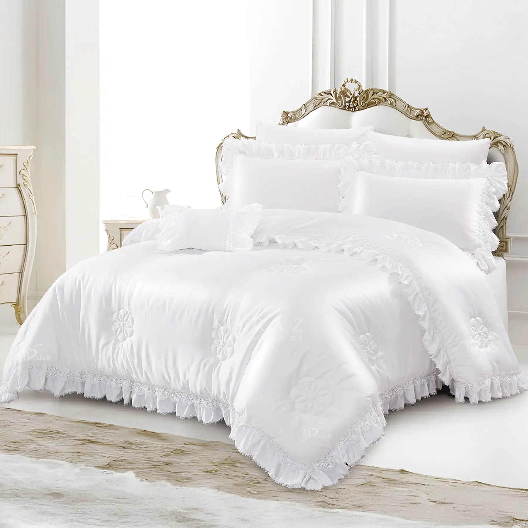 white Lusso satin comforter set king size 7 pieces