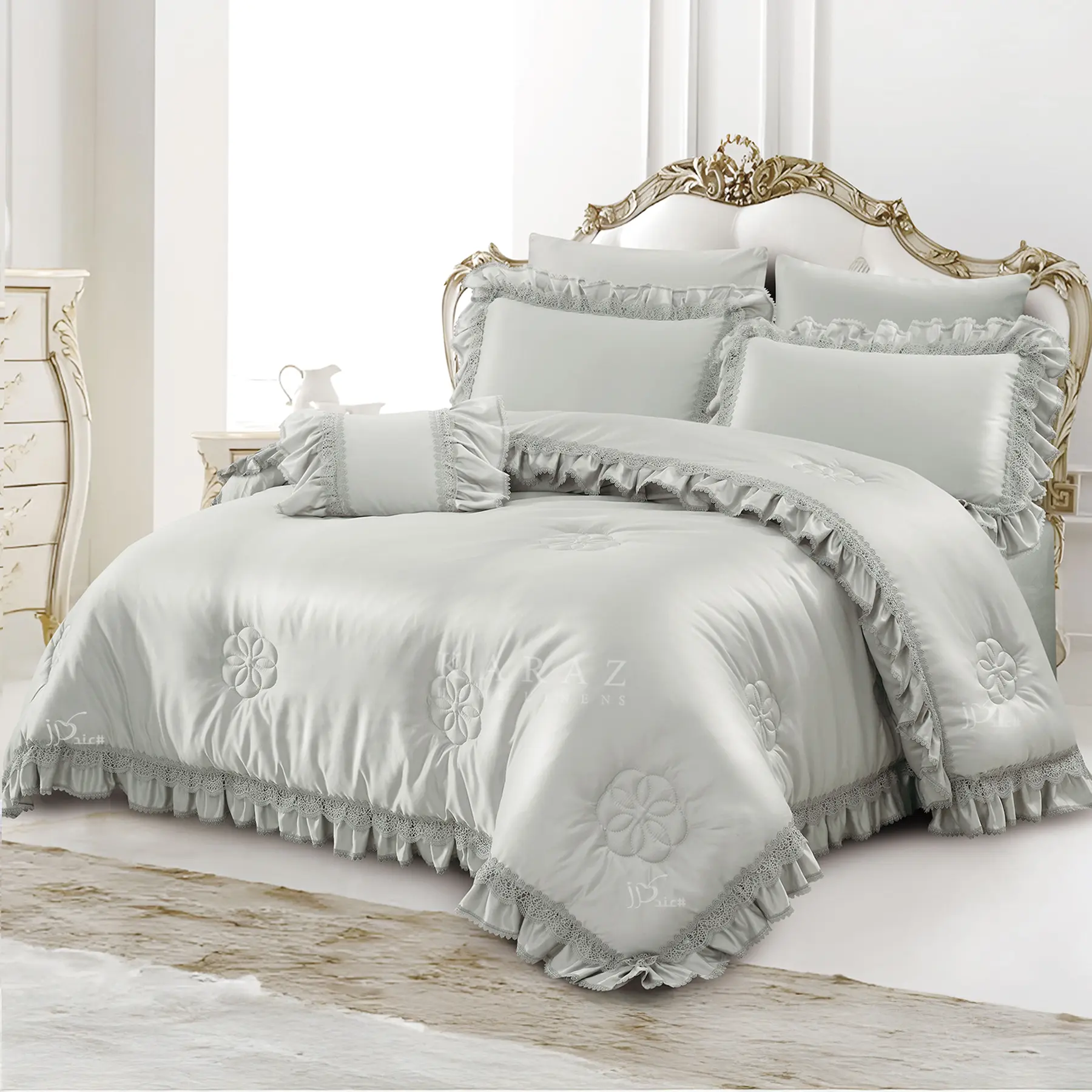 gray Lusso satin comforter set king size 7 pieces