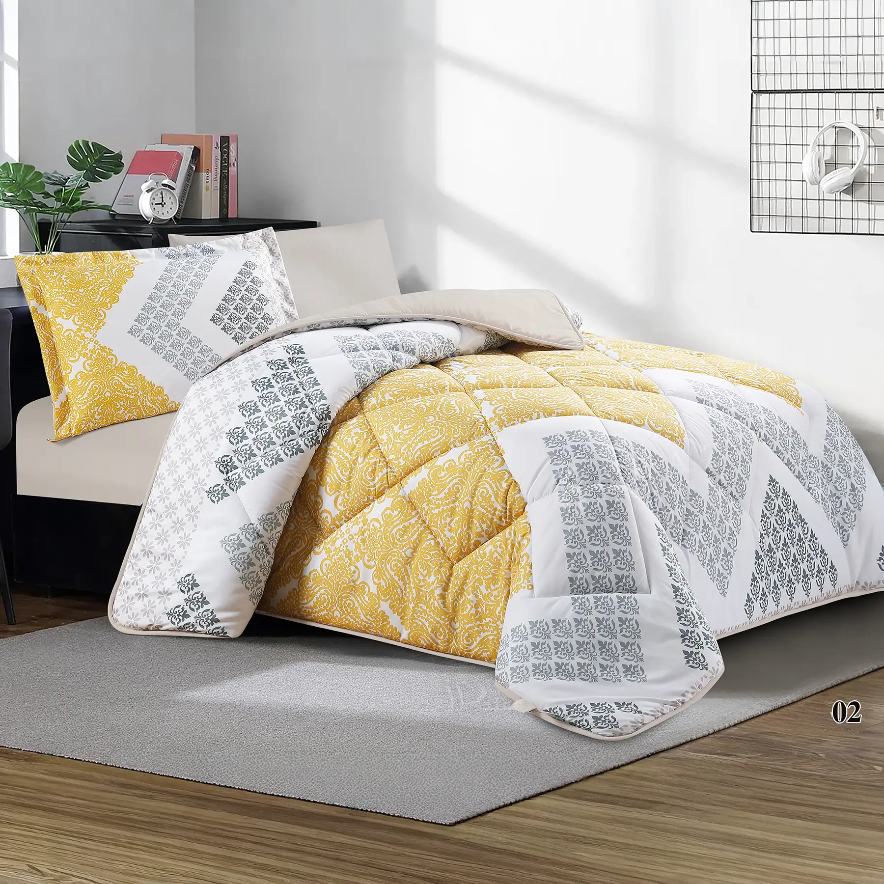 mood printed comforter set twin size 4 pieces gray and yellow