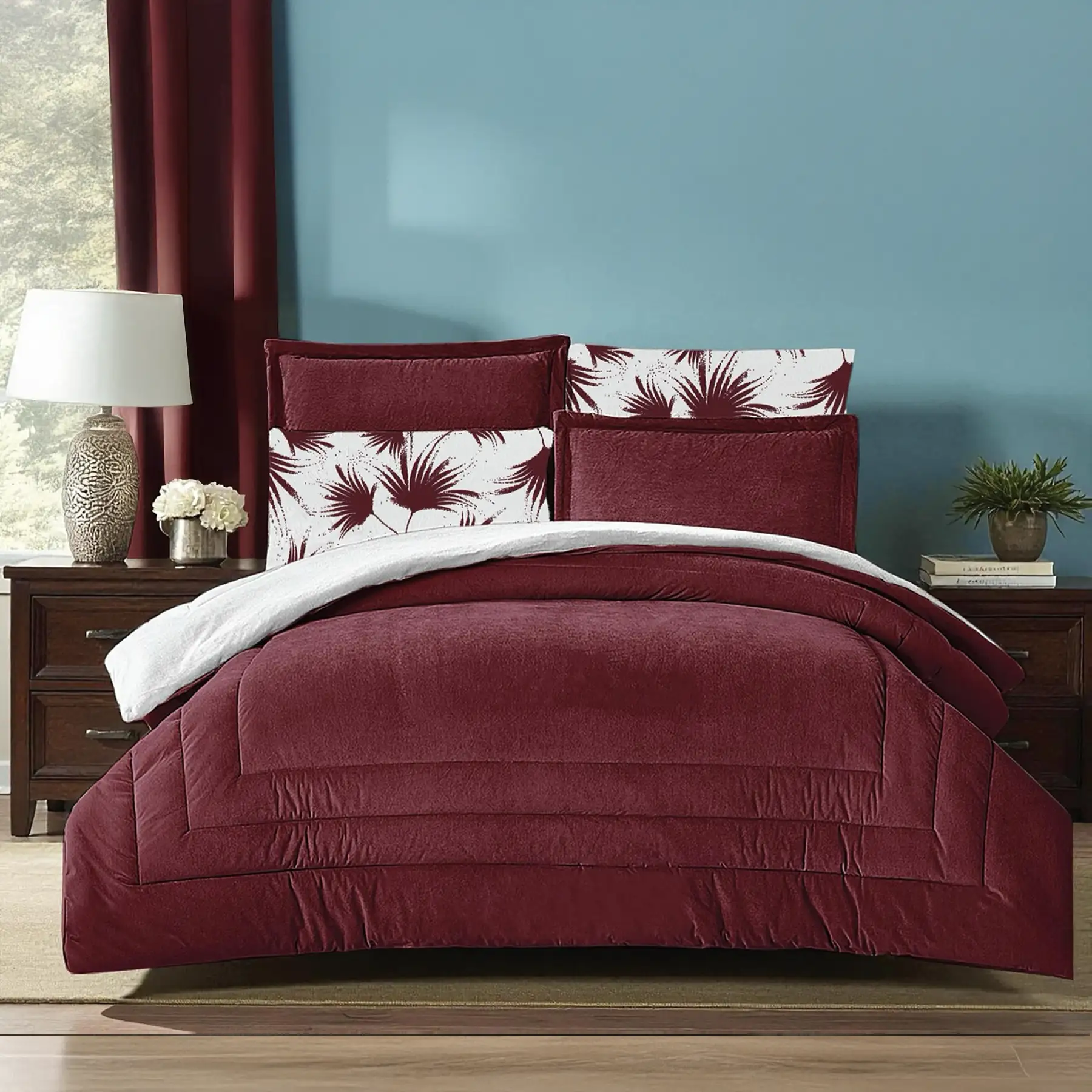 Twin Size Winter Comforter Set 4 PCS, Burgundy