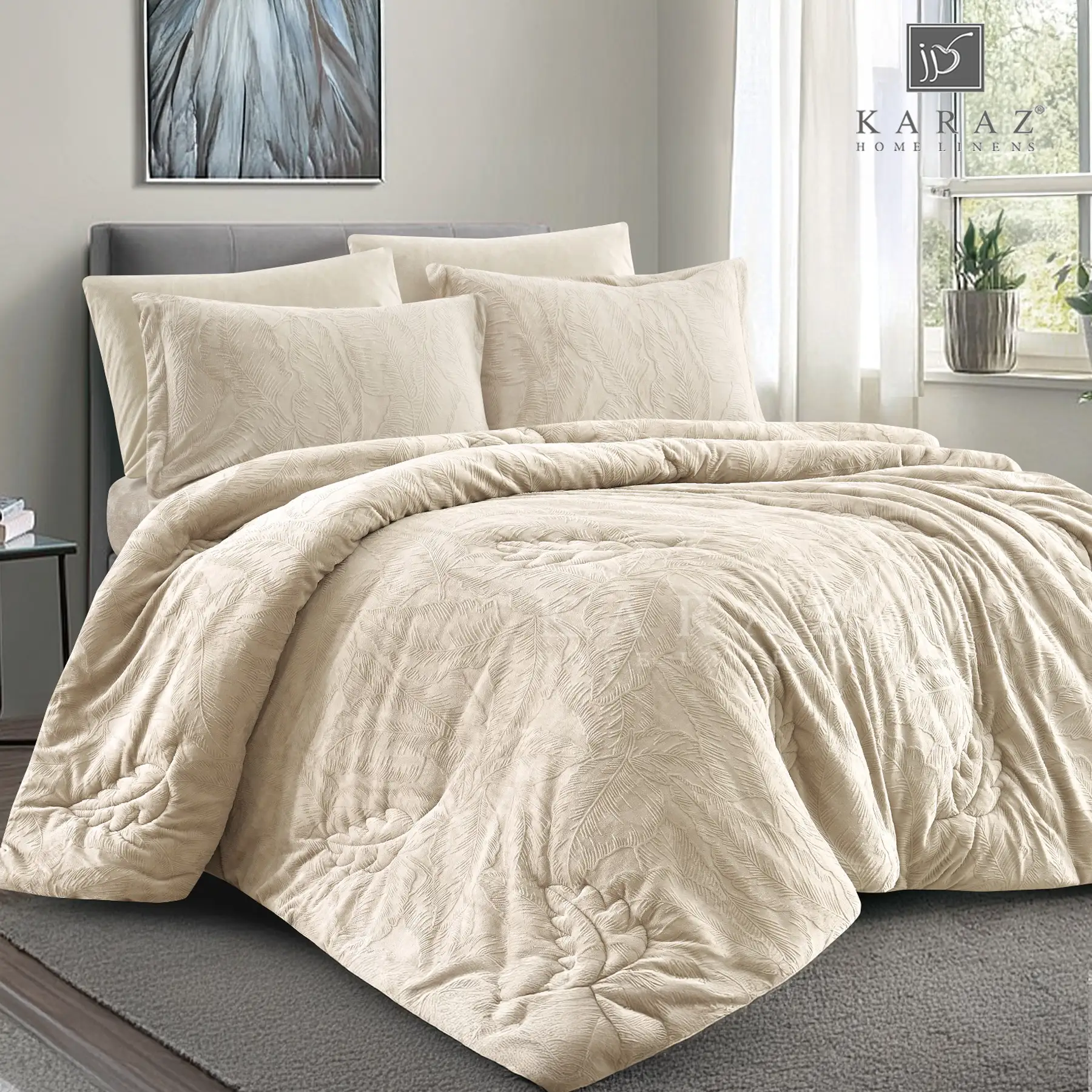 King Size Winter Comforter Set 6 PCS, light beige
