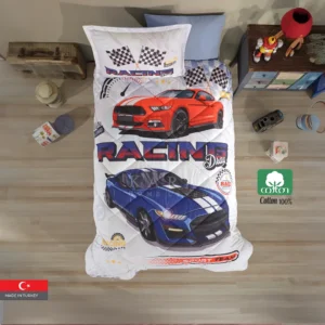 RACING DRAG 100% Cotton Turkish Twin Comforter Set 4 Pcs